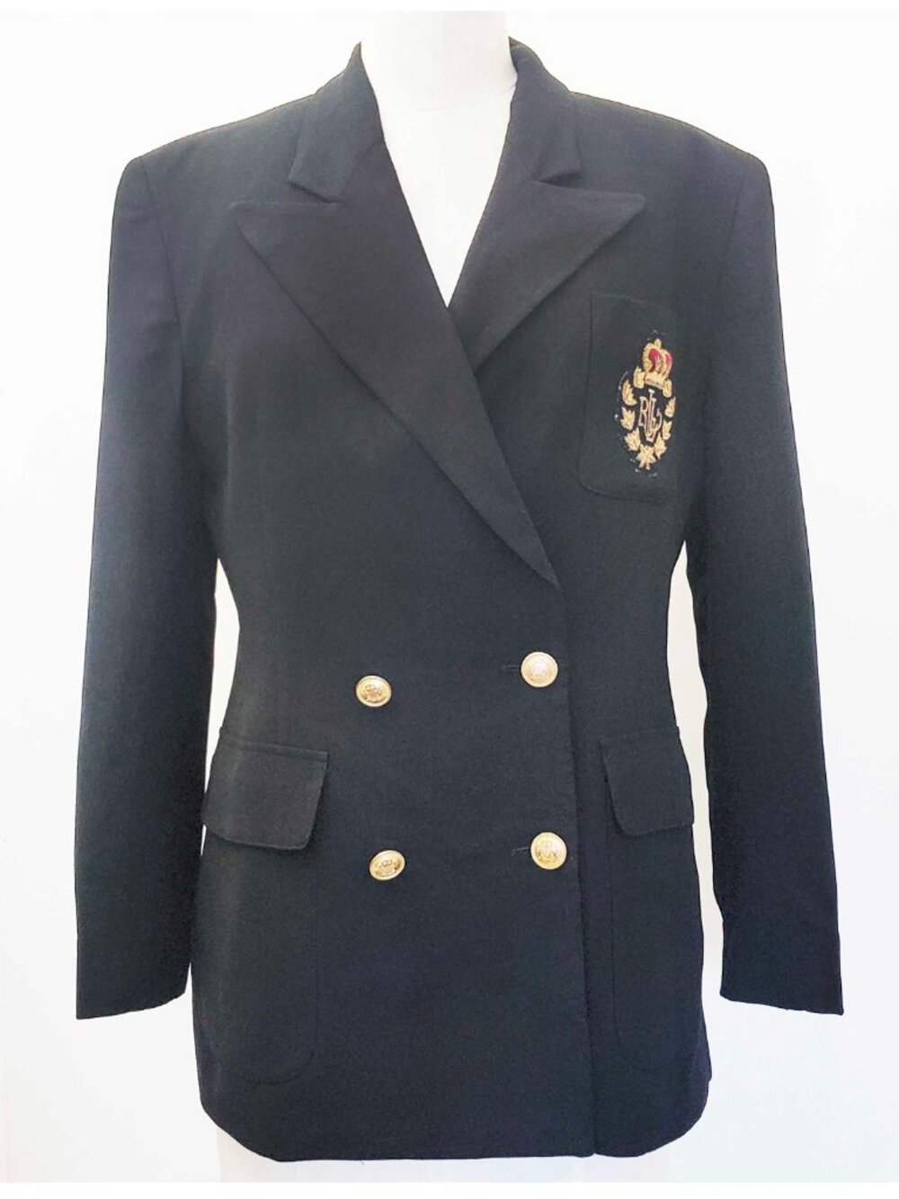 Lauren Ralph Lauren Womens Black Wool Double Breasted Blazer Crested Royal Crown